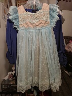 Girls Trish Scully Sz 7 Adriana Lt Blue Lace Dot Tulle Dress Sunday Party Events